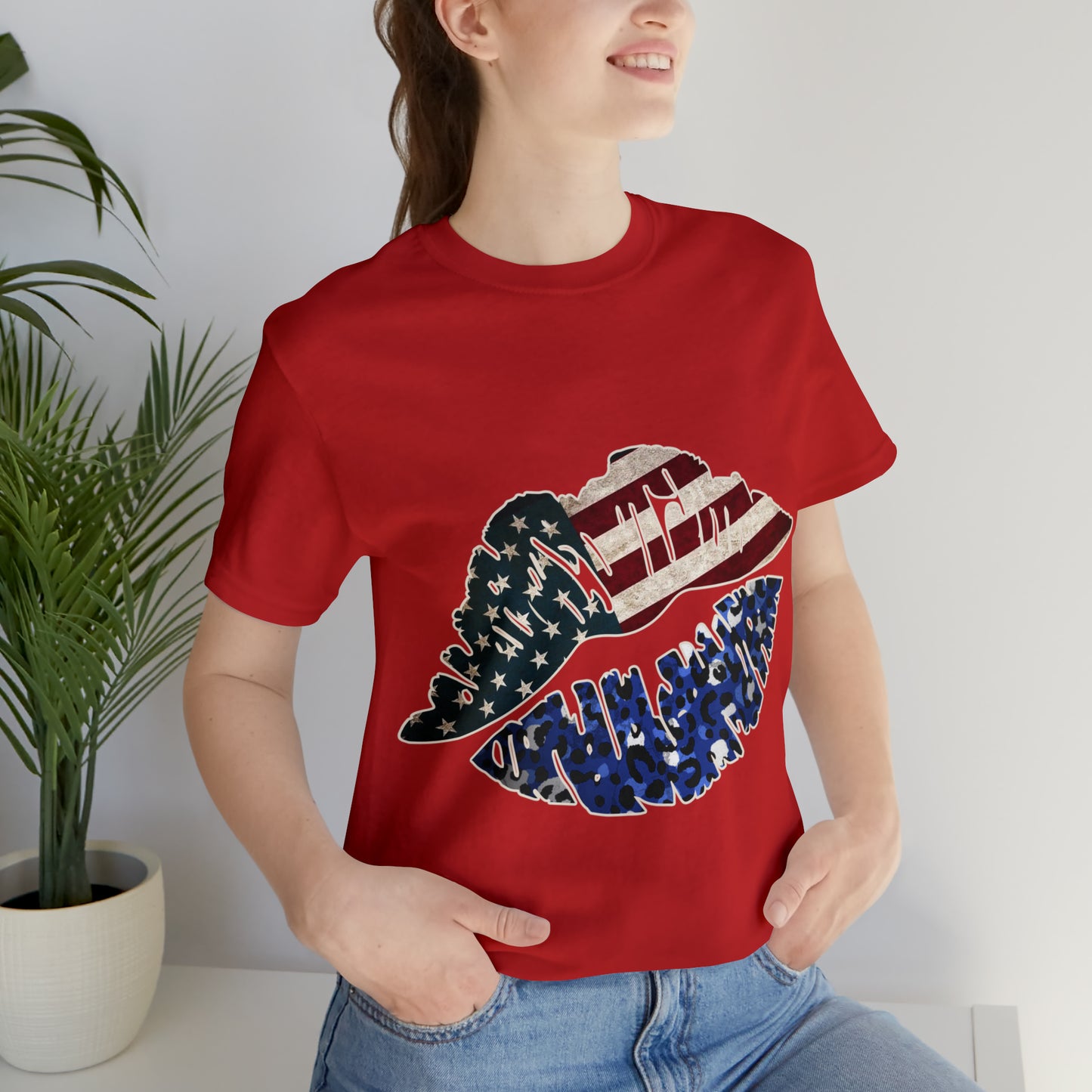 American Flag Lips 4th of July Unisex Jersey Short Sleeve Tee Patriotic Retro