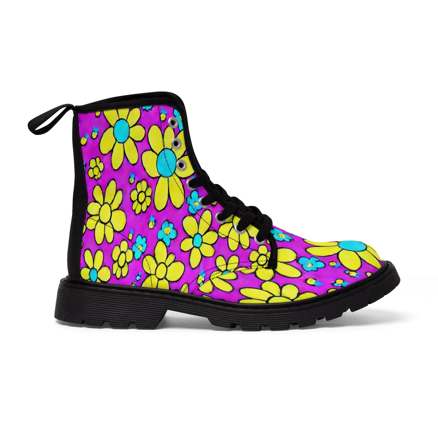 Women's Canvas Boots, Daisies, Purple, Yellow,, Retro, Flowers