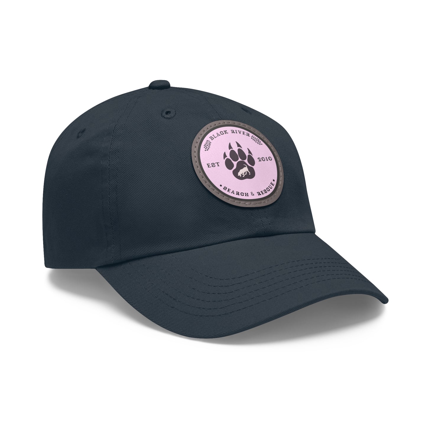 Copy of Unisex Hat with Leather Patch (Round), Black River Search & Rescue Logo, Pink patch