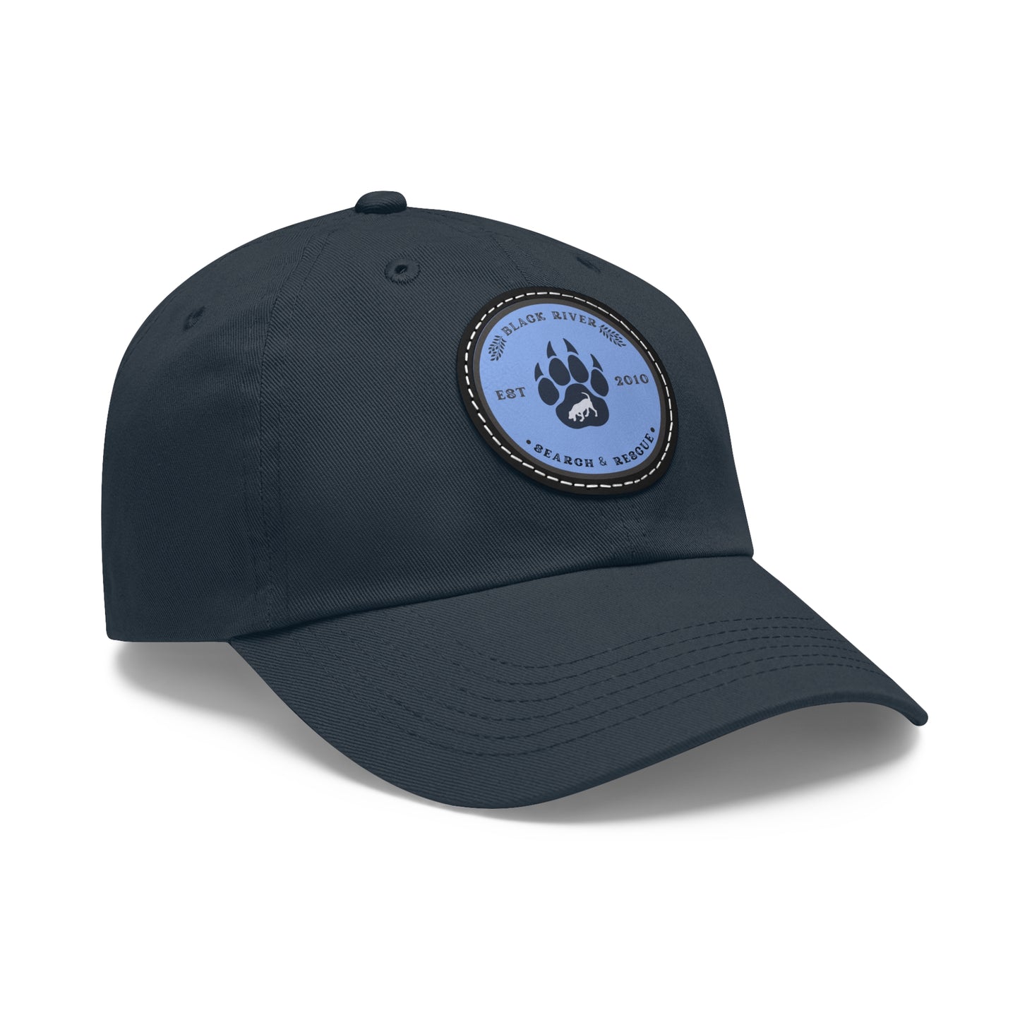 Copy of Unisex Hat with Leather Patch (Round), Black River Search & Rescue Logo, Vintage Blue patch