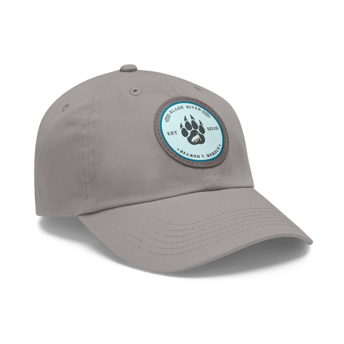 Unisex Hat with Leather Patch (Round), Black River Search & Rescue Logo, Turquoise patch