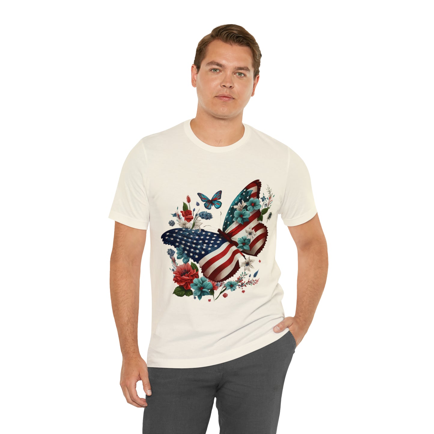 Unisex Jersey Short Sleeve Tee, American Flag, Butterfly, Patriotic