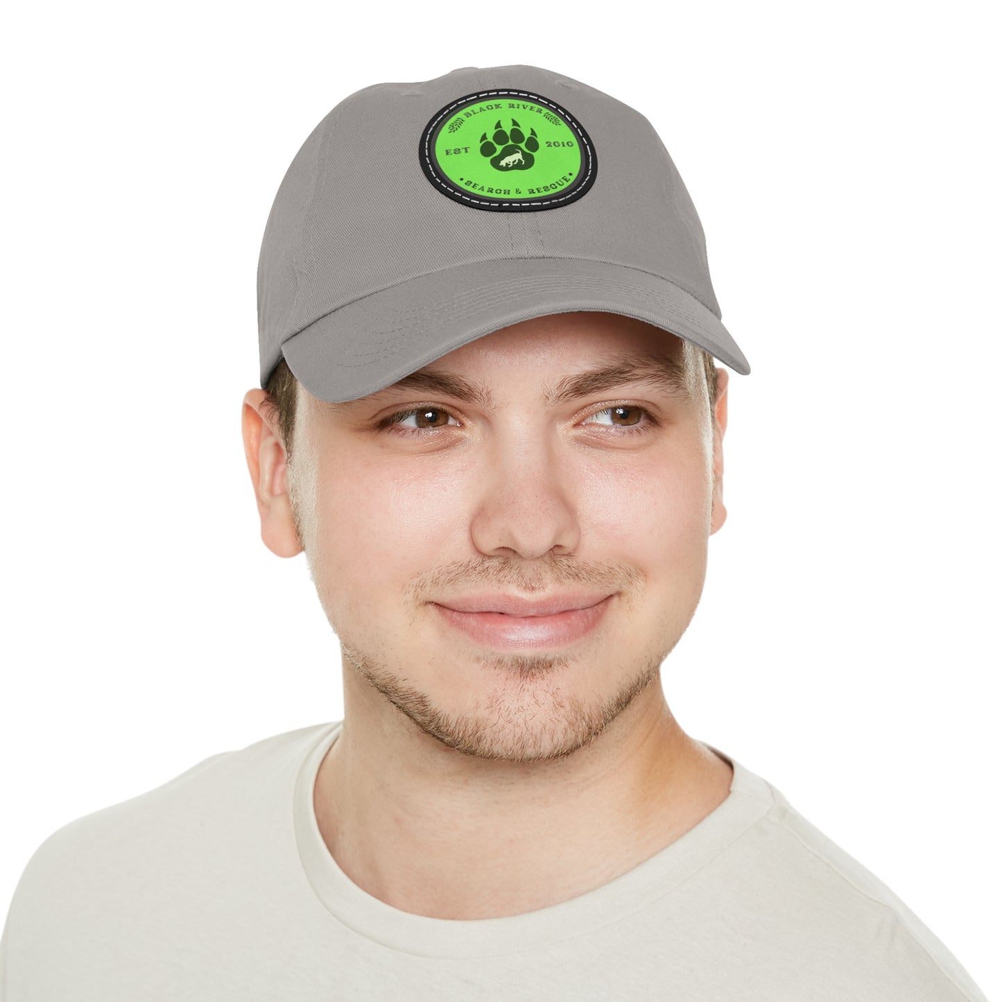 Unisex Hat with Leather Patch (Round), Black River Search & Rescue Logo, Lime Green patch