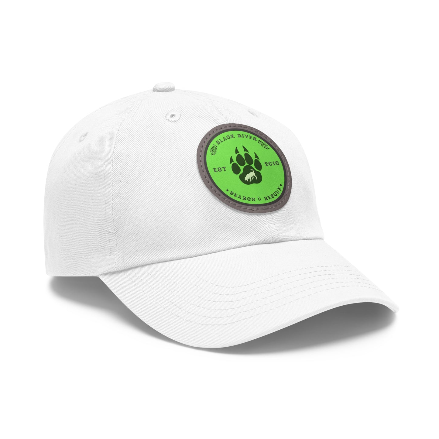 Unisex Hat with Leather Patch (Round), Black River Search & Rescue Logo, Lime Green patch