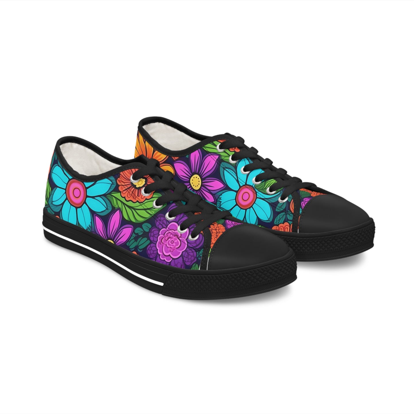 Women's Low Top Sneakers, Retro Flowers, Purple, Aqua, Multi-color floral