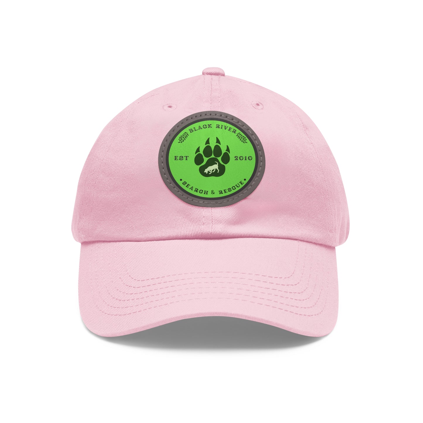 Unisex Hat with Leather Patch (Round), Black River Search & Rescue Logo, Lime Green patch