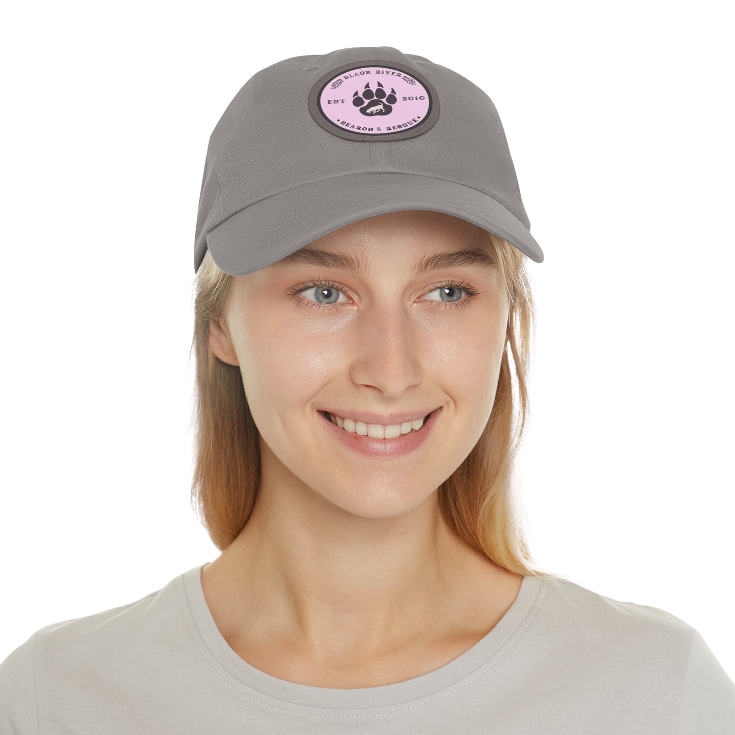 Copy of Unisex Hat with Leather Patch (Round), Black River Search & Rescue Logo, Pink patch