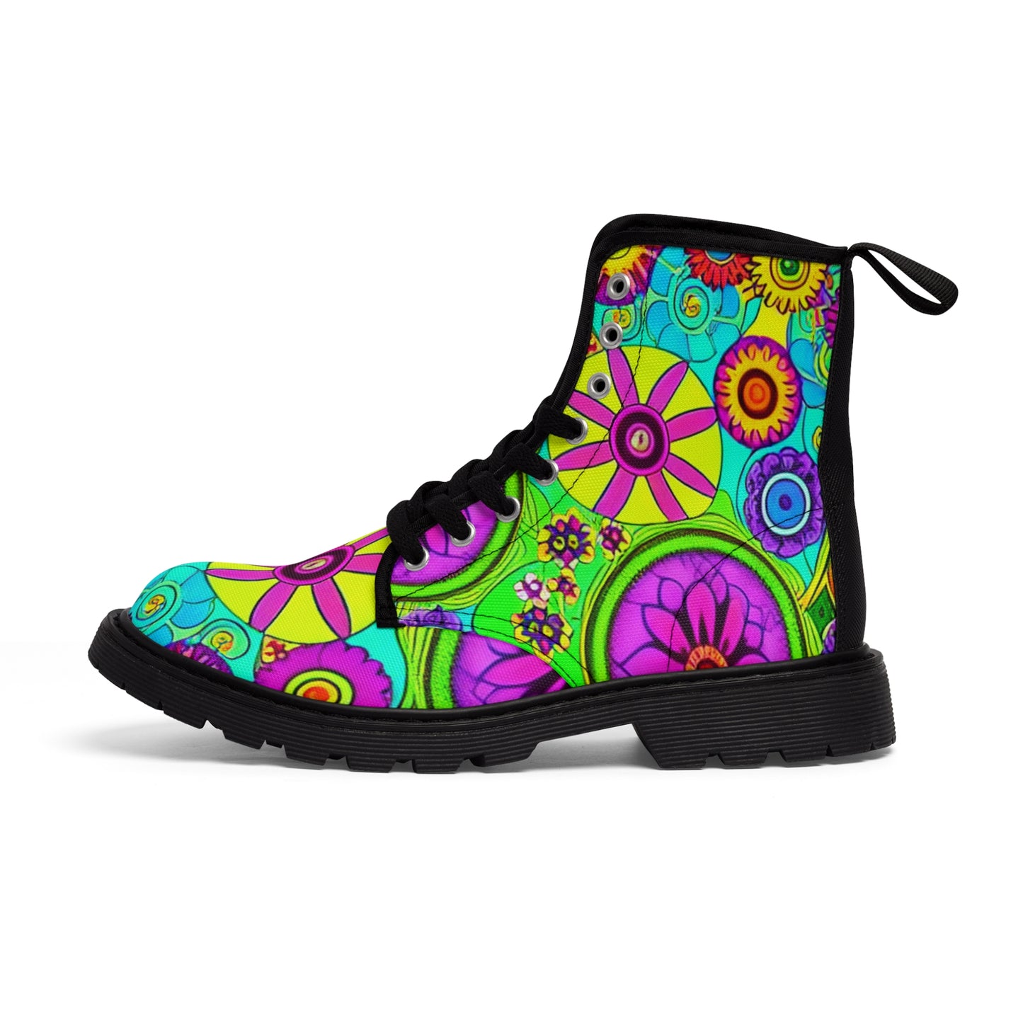 Women's Canvas Boots, Retro, Lime, Yellow, Purple, Flowers