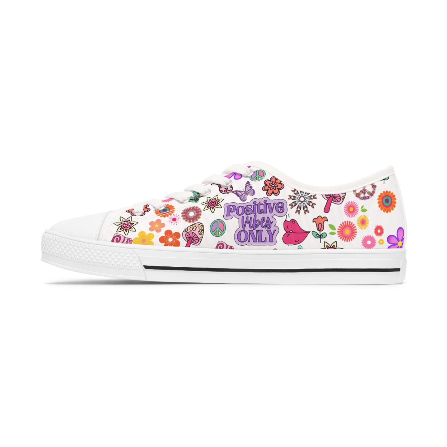 Women's Low Top Sneakers, Stay Positive, Peace Signs, Flowers, pastel, 60's