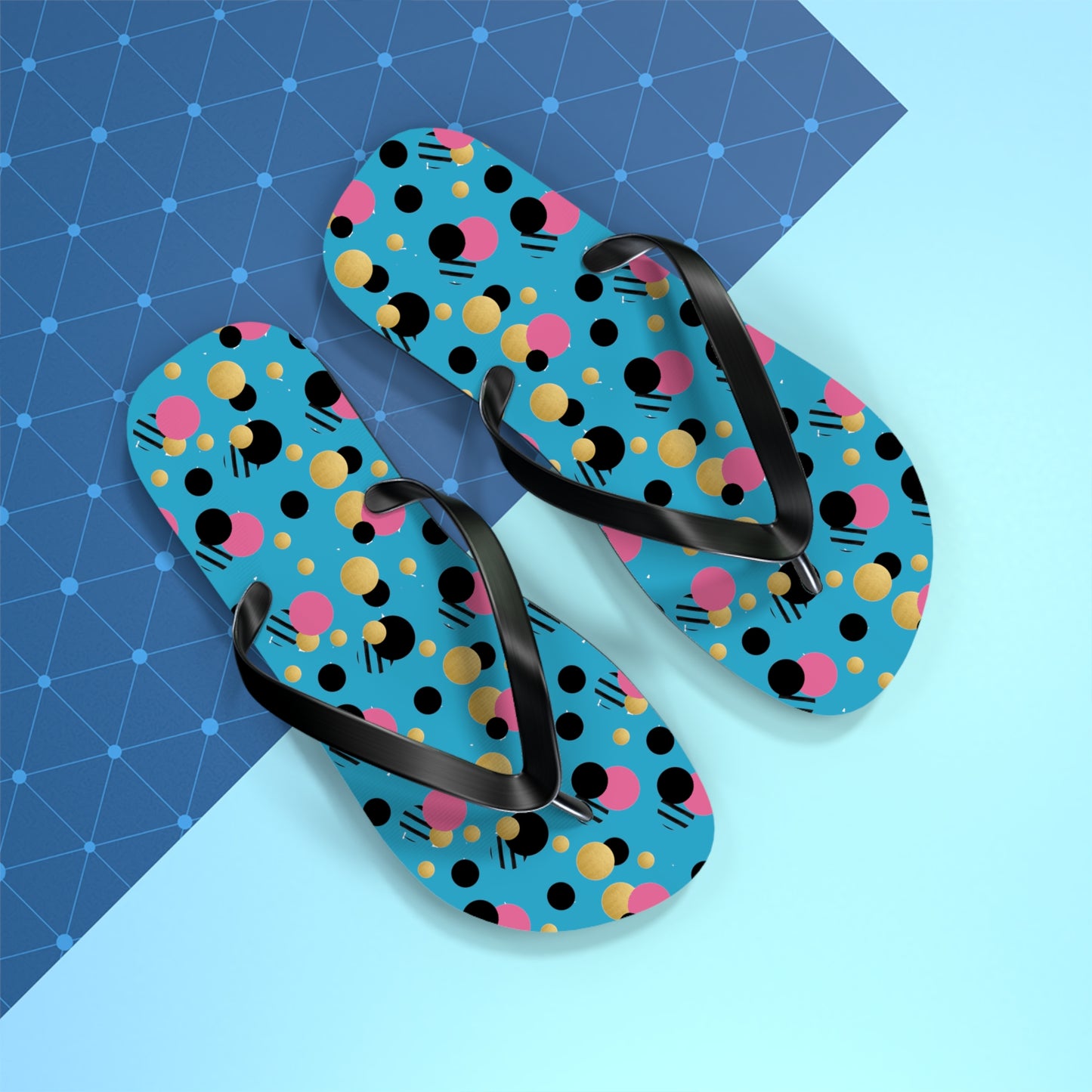 Turquoise pink, black gold polka dot Flip Flops