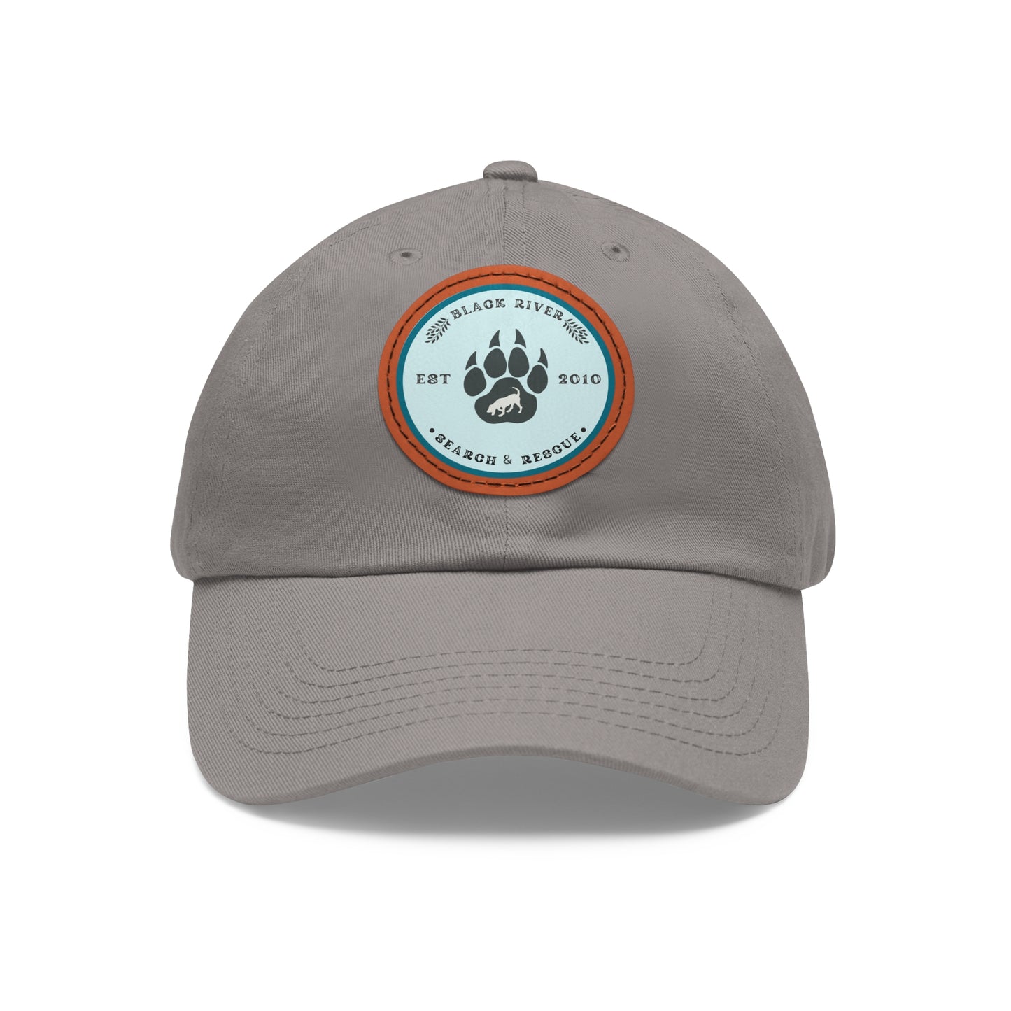 Unisex Hat with Leather Patch (Round), Black River Search & Rescue Logo, Turquoise patch