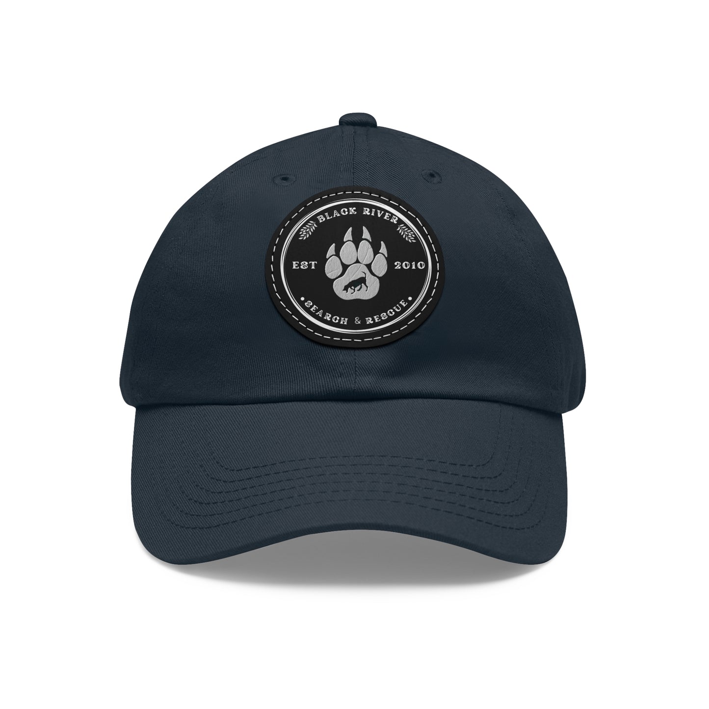 Unisex Hat with Leather Patch (Round), Black River Search & Rescue Logo, black & white patch