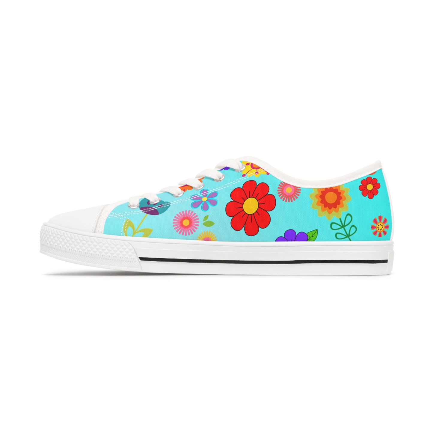 Women's Low Top Sneakers, Retro Flowers, Aqua, Multi-color flowers