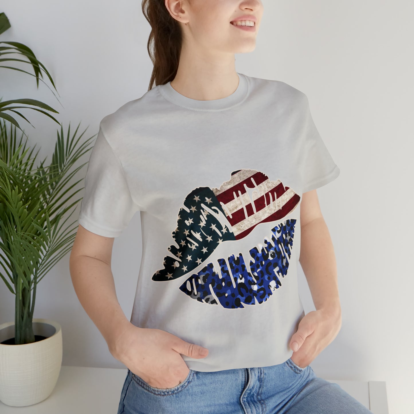 American Flag Lips 4th of July Unisex Jersey Short Sleeve Tee Patriotic Retro