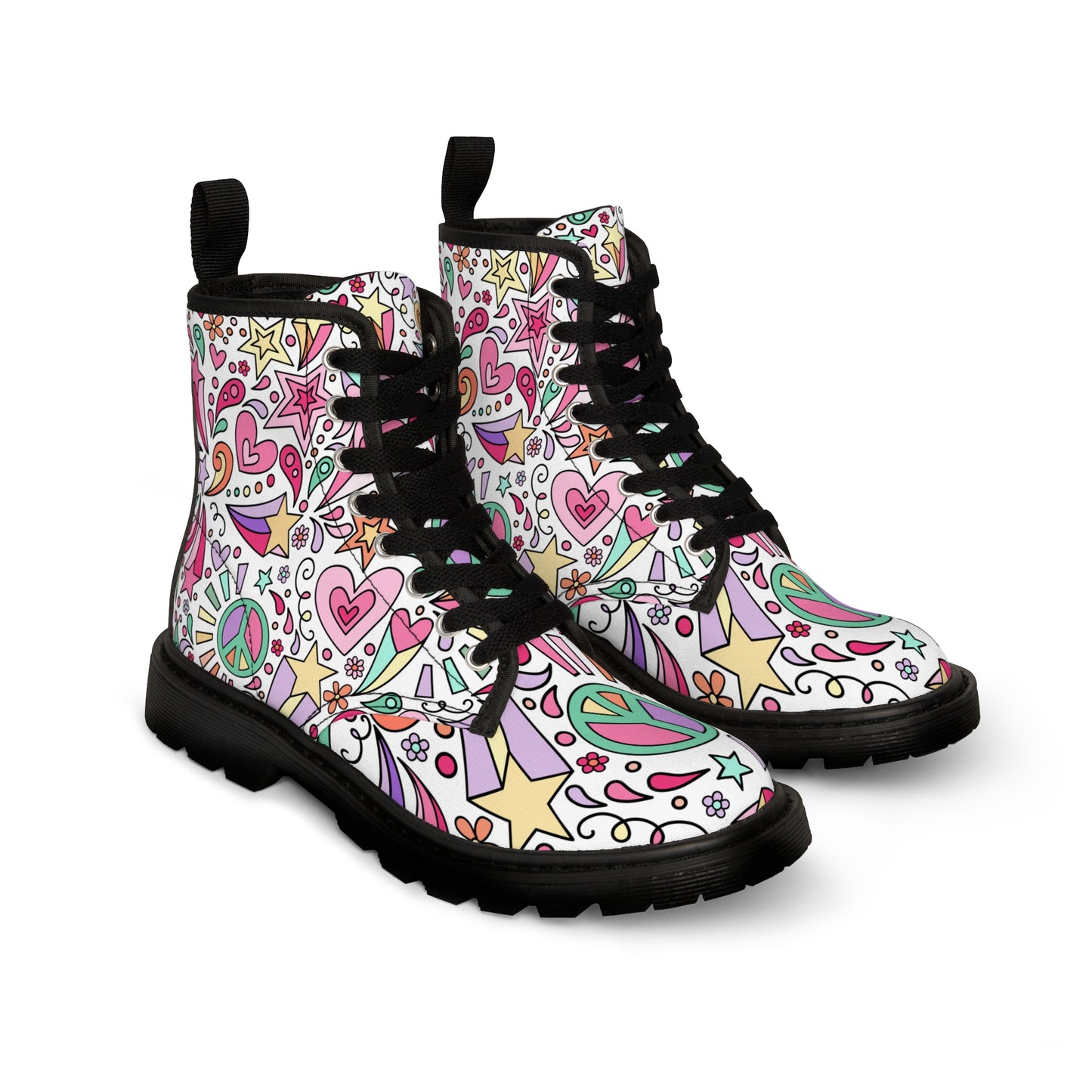 Women's Canvas Boots, Multi-color, Pastel, Peace sign, 60's, retro