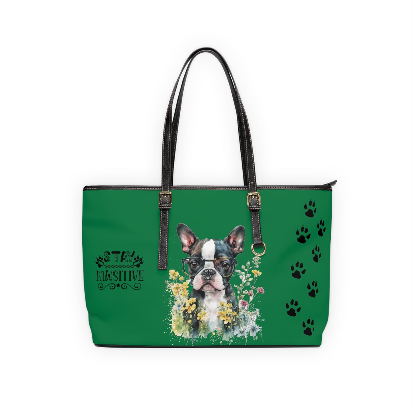 Boston Terrier Puppy Leather Shoulder Bag Green two Boston Terrier puppies You Had Me at Woof Stay Pawsitive