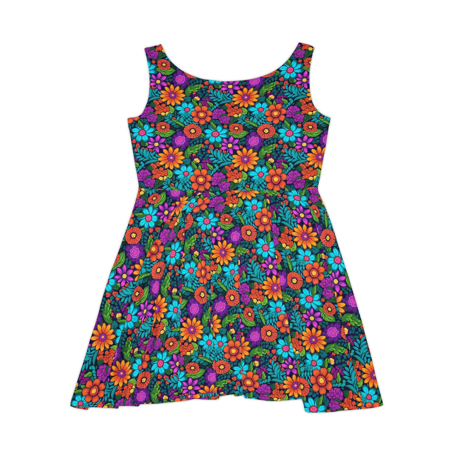 Women's Skater Dress (AOP), Multi-color, Retro, Flowers, Purple, Aqua