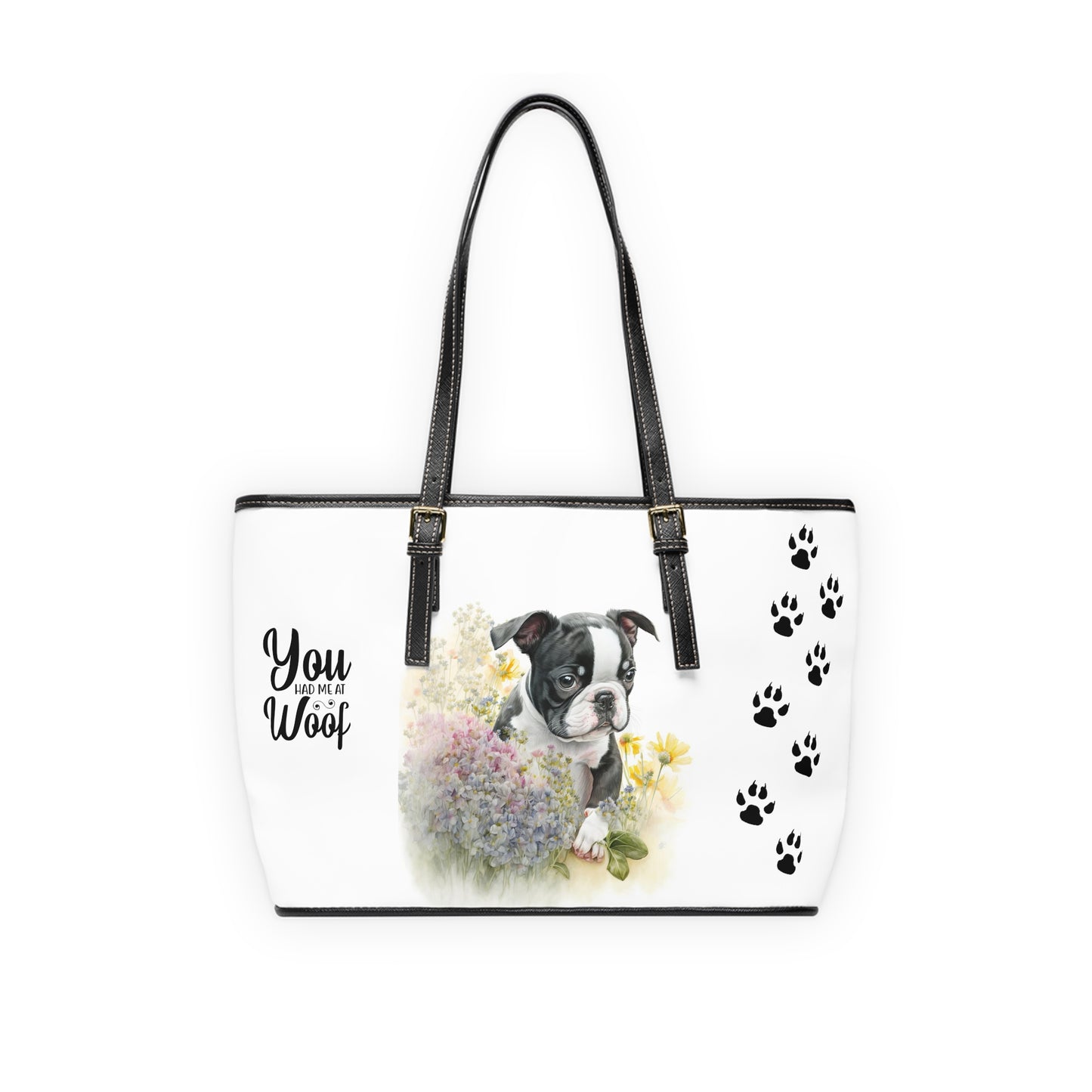 Boston Terrier Puppy Leather Shoulder Bag two Boston Terrier puppies You Had Me at Woof Stay Pawsitive