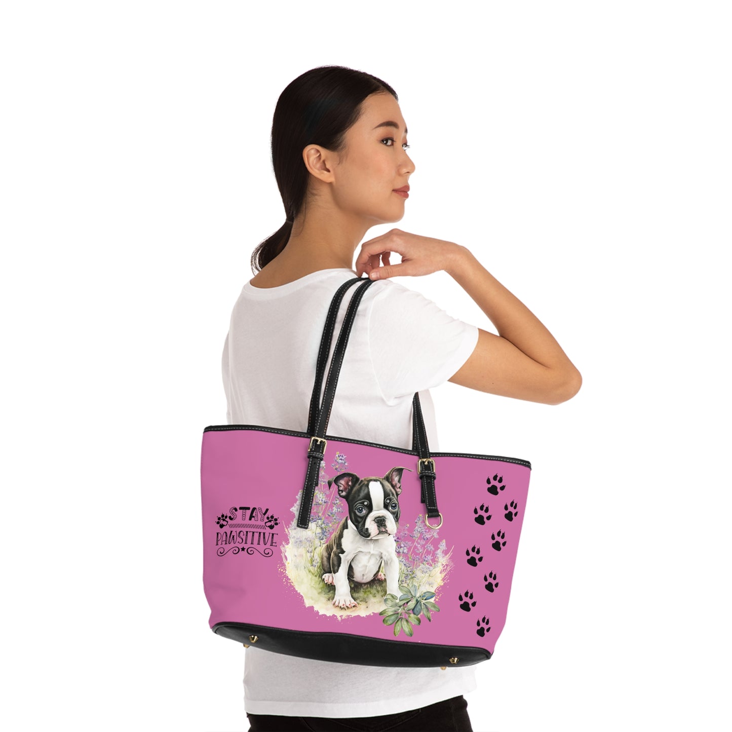 Boston Terrier Puppy Leather Shoulder Pink Bag two Boston Terrier puppies You Had Me at Woof Stay Pawsitive