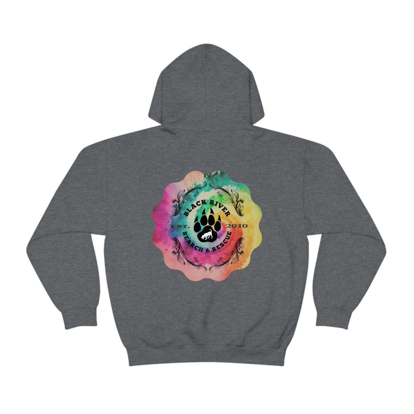 Tie Dye Black River Search & Rescue Logo with Lucy Unisex Heavy Blend™ Hooded Sweatshirt