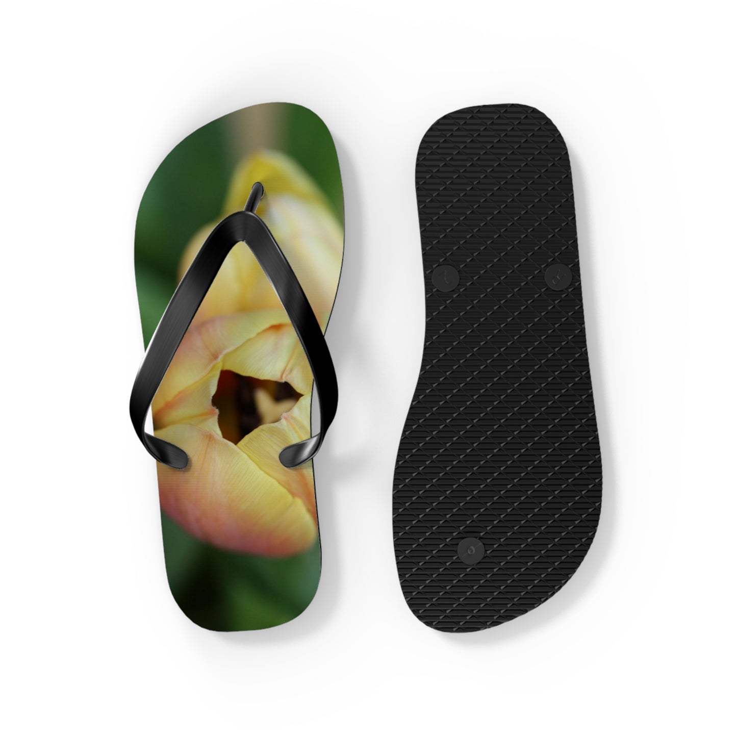 Flip Flops, tulips, peach, yellow, flowers