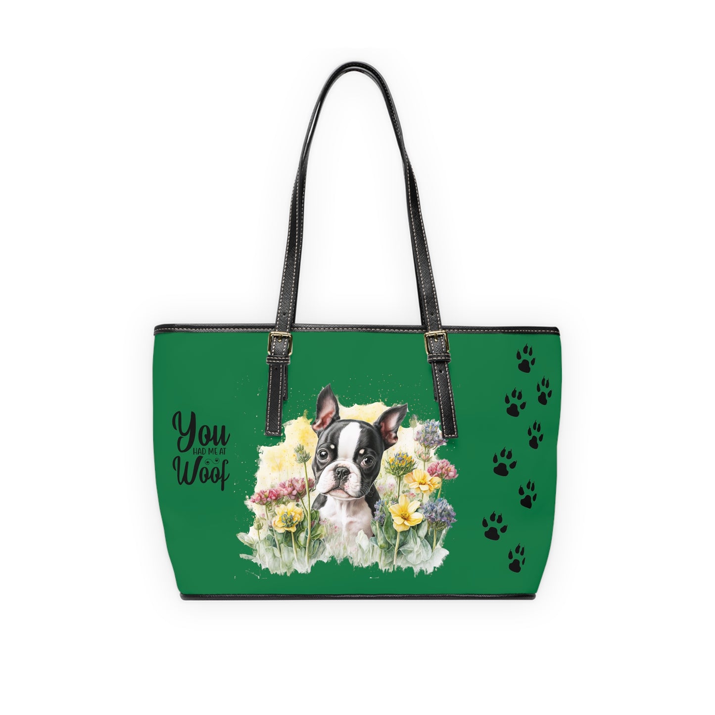 Boston Terrier Puppy Leather Shoulder Bag Green two Boston Terrier puppies You Had Me at Woof Stay Pawsitive