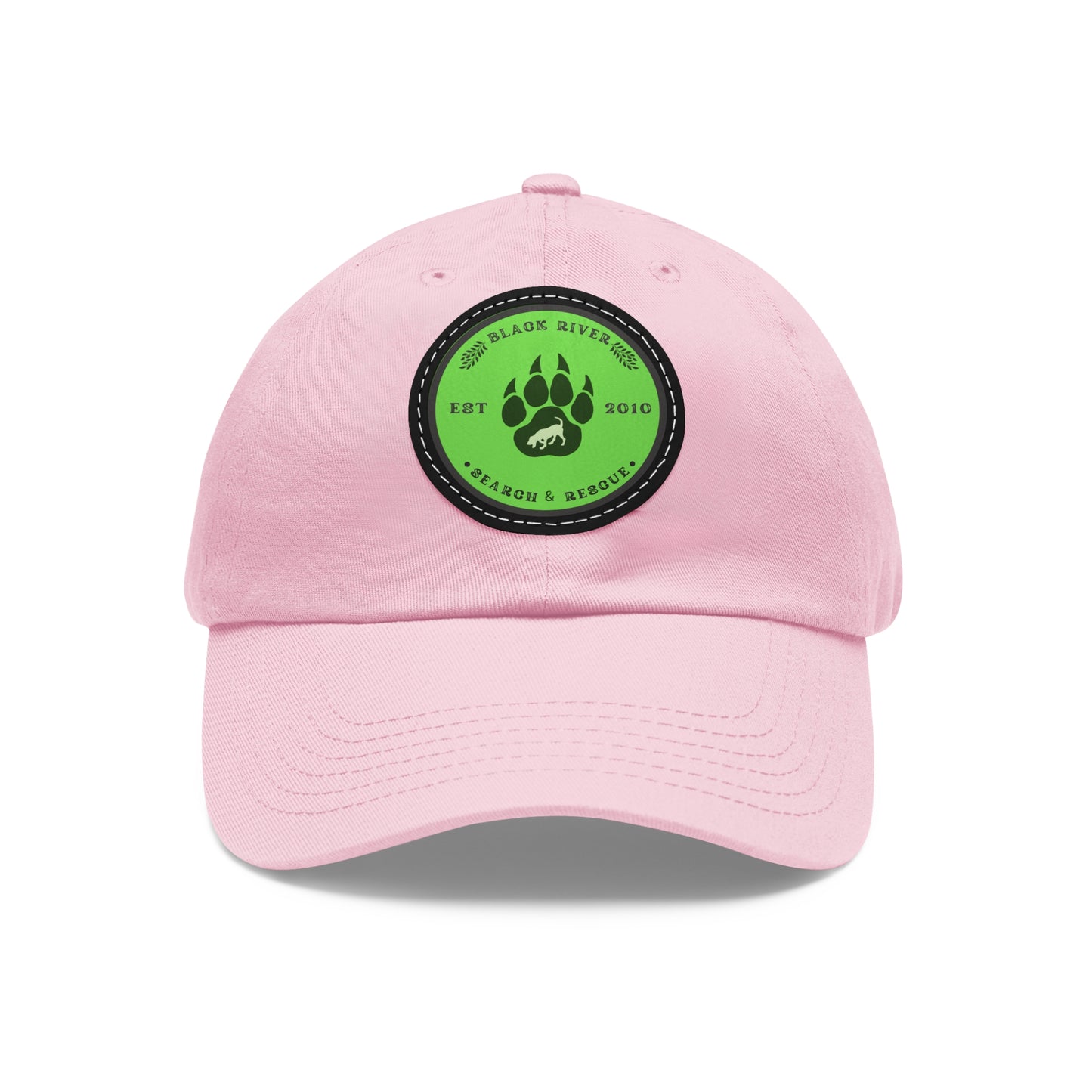 Unisex Hat with Leather Patch (Round), Black River Search & Rescue Logo, Lime Green patch