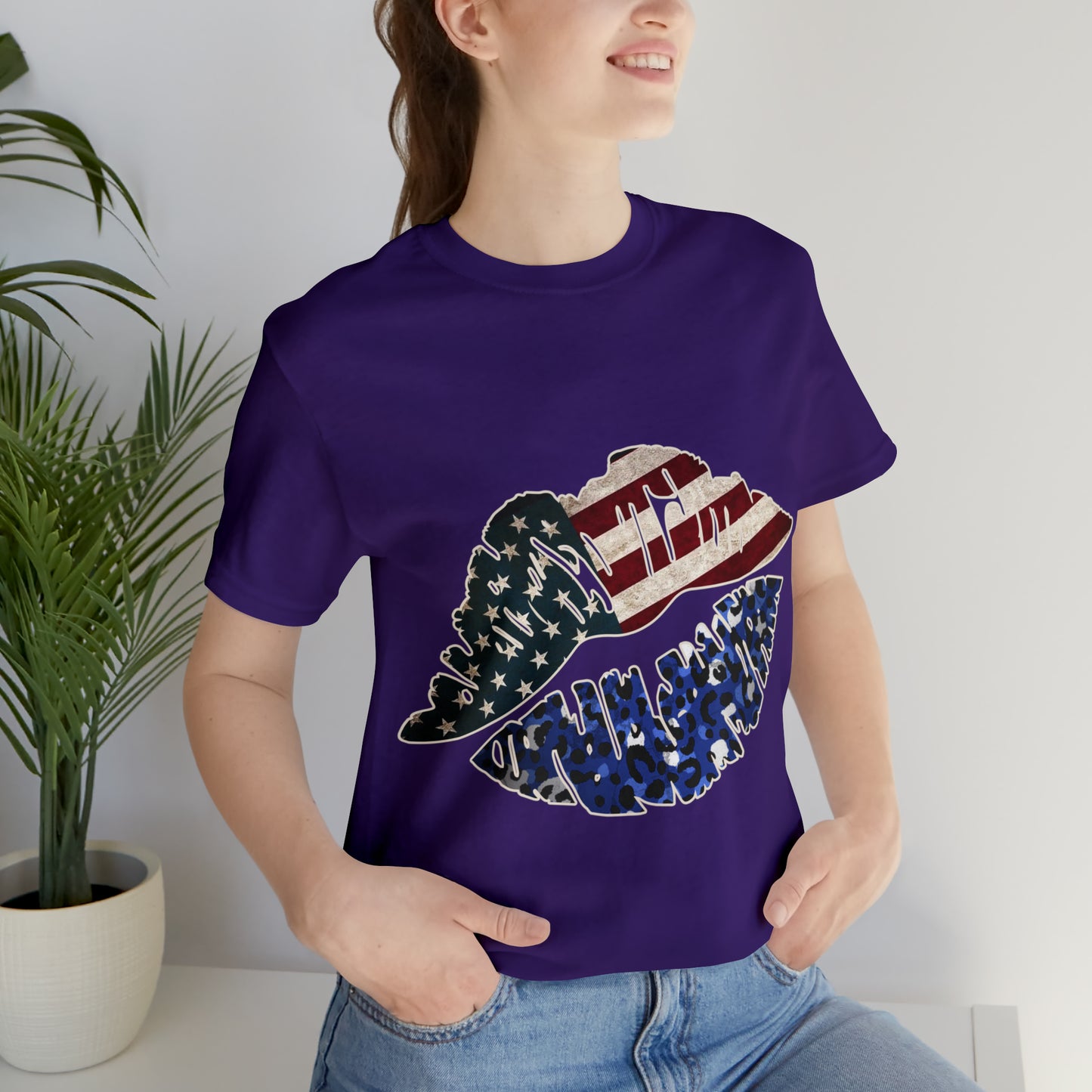 American Flag Lips 4th of July Unisex Jersey Short Sleeve Tee Patriotic Retro