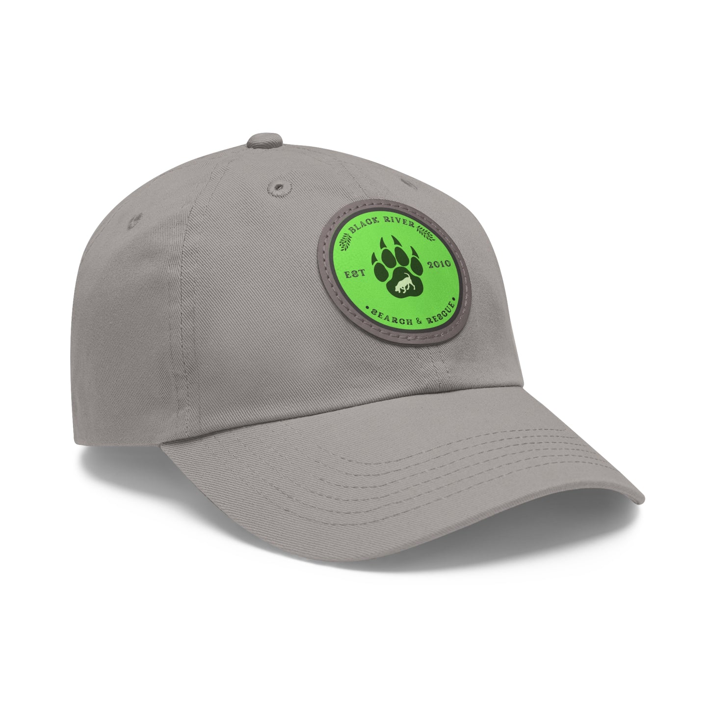 Unisex Hat with Leather Patch (Round), Black River Search & Rescue Logo, Lime Green patch