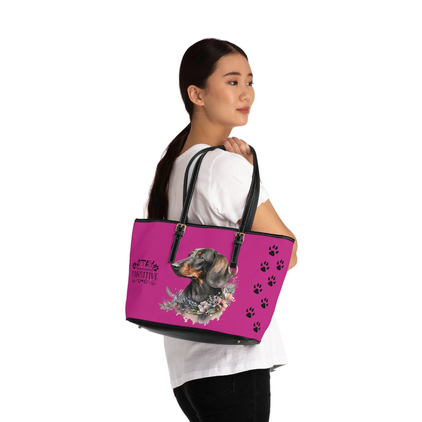 Pink Dachshund Leather Shoulder Bag You Had Me at Woof Stay Pawsitive