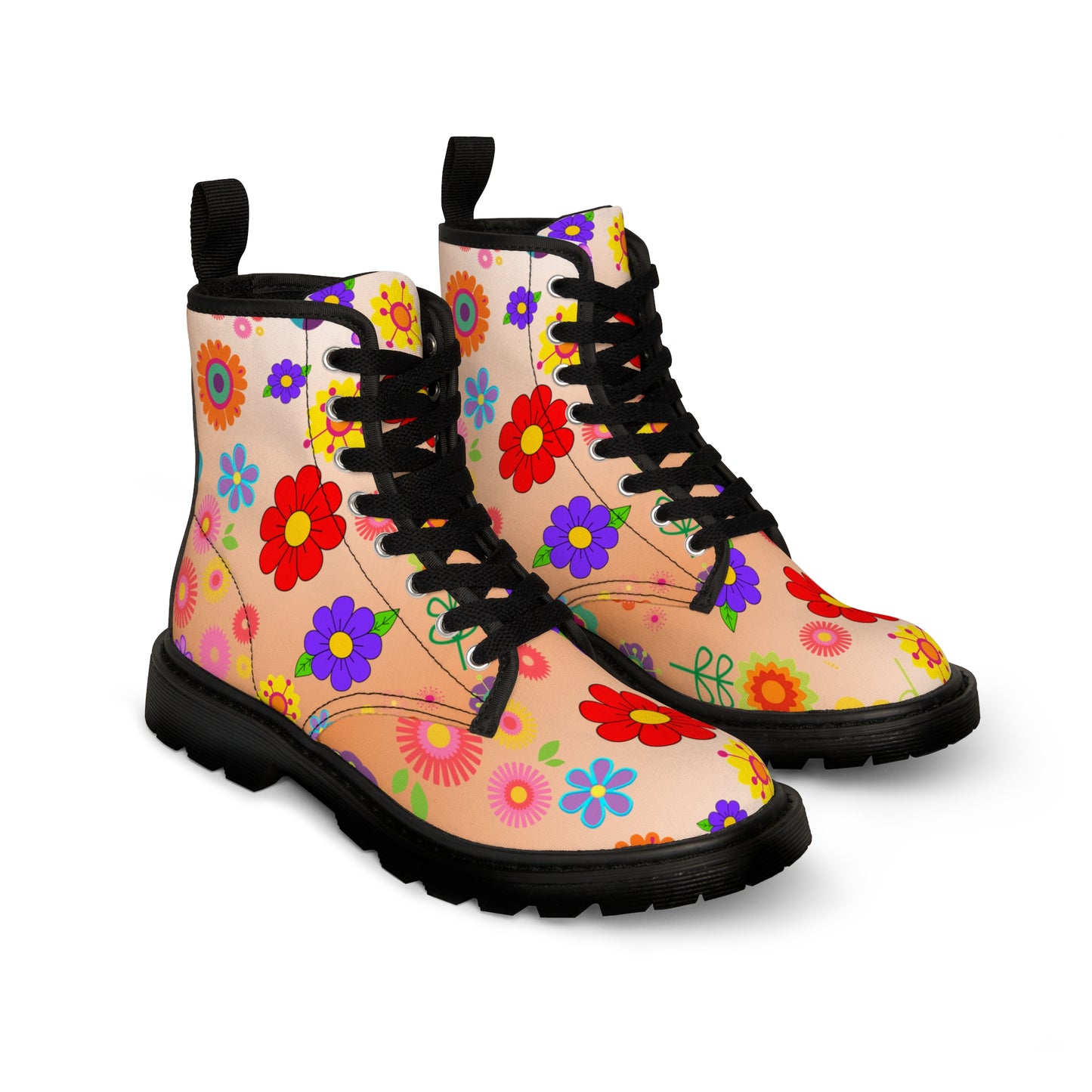 Women's Canvas Boots, Peach, Orange, Flowers, Multi-Color, Retro