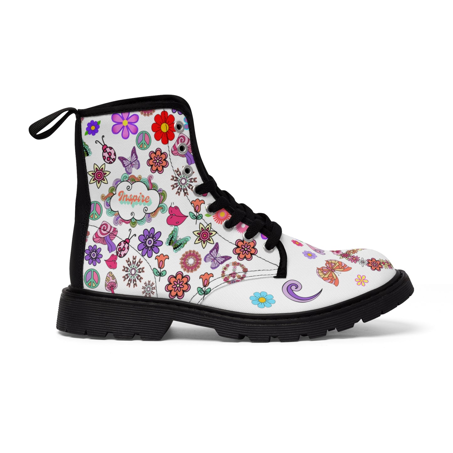 Women's Canvas Boots, Inspire, Stay Positive, 60's, Peace Signs, Flowers, Multi-Color