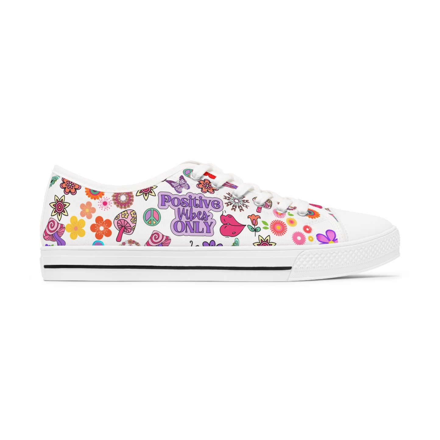 Women's Low Top Sneakers, Stay Positive, Peace Signs, Flowers, pastel, 60's