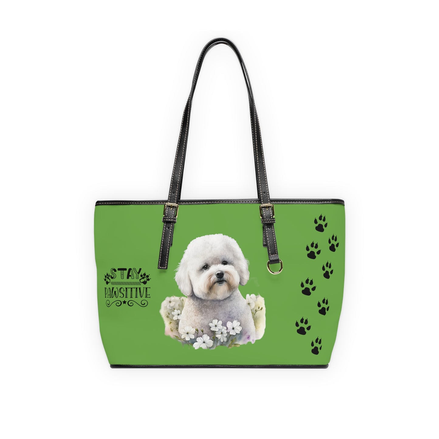 Bichon Frise Leather Shoulder Bag Lime Green two Bichon pictures You Had Me at Woof Stay Pawsitive