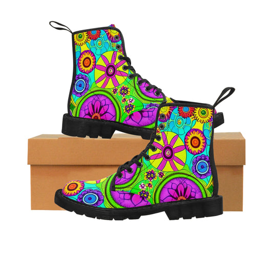 Women's Canvas Boots, Retro, Lime, Yellow, Purple, Flowers