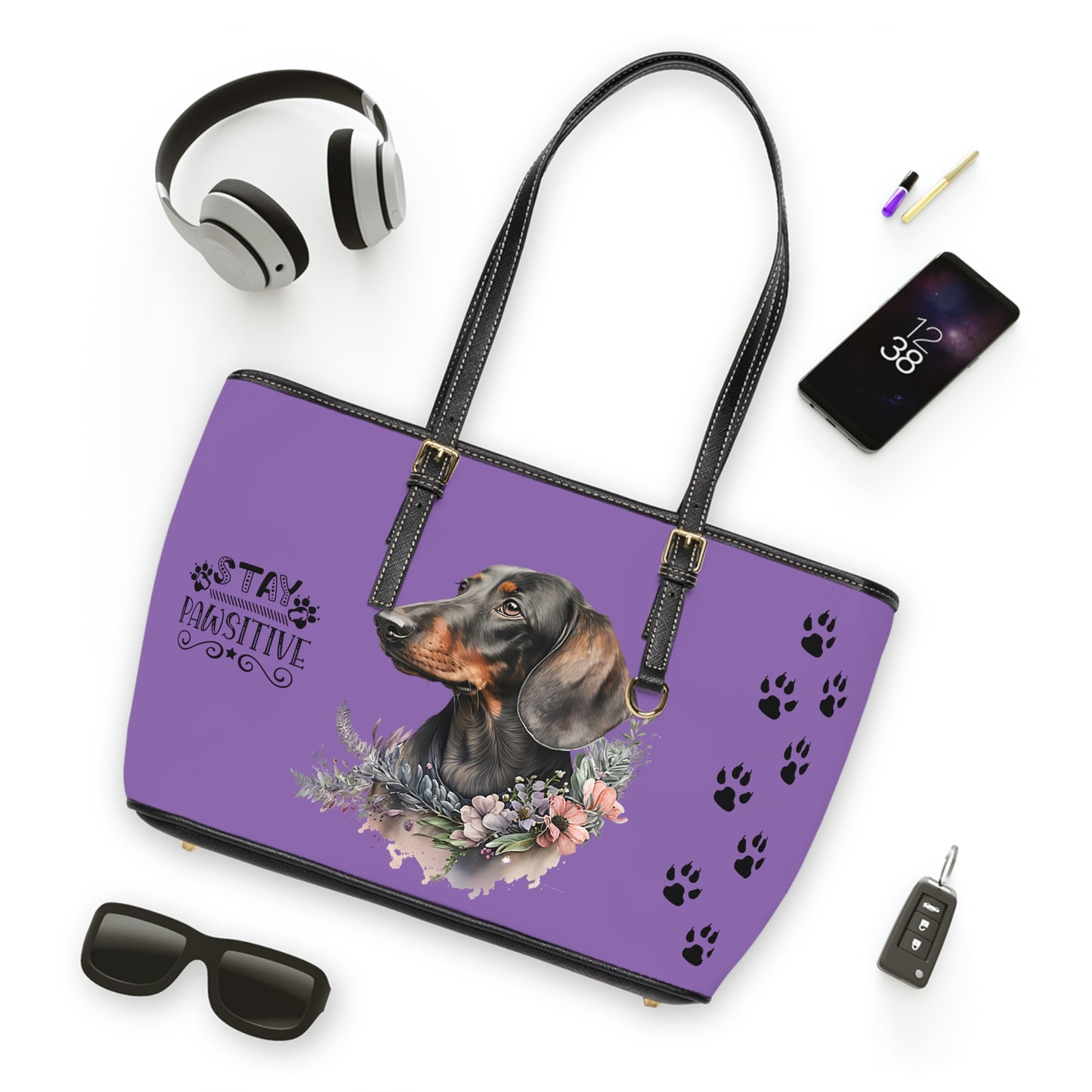 Light purple Dachshund Leather Shoulder Bag You Had Me at Woof Stay Pawsitive