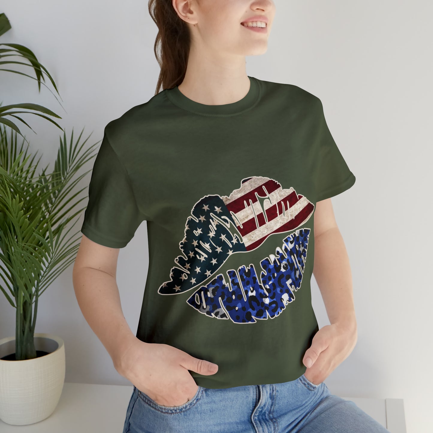 American Flag Lips 4th of July Unisex Jersey Short Sleeve Tee Patriotic Retro