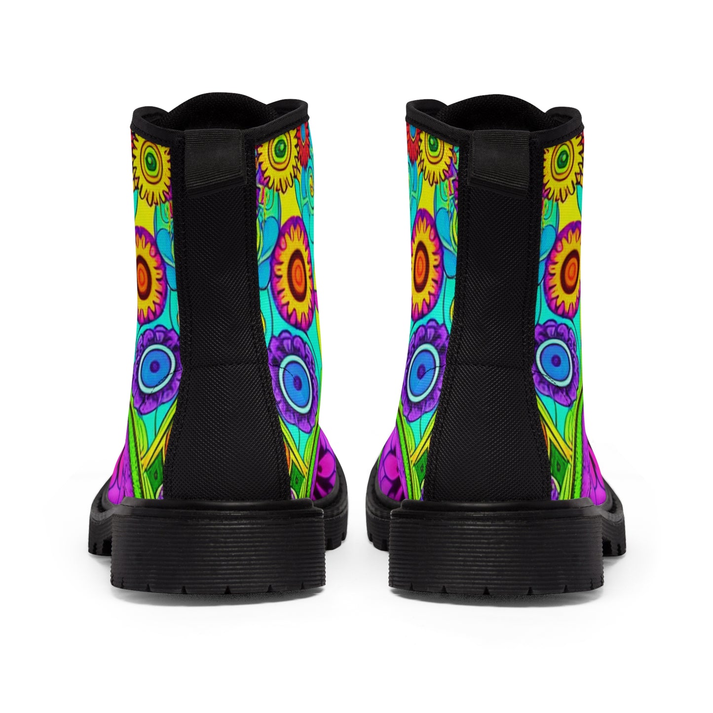 Women's Canvas Boots, Retro, Lime, Yellow, Purple, Flowers