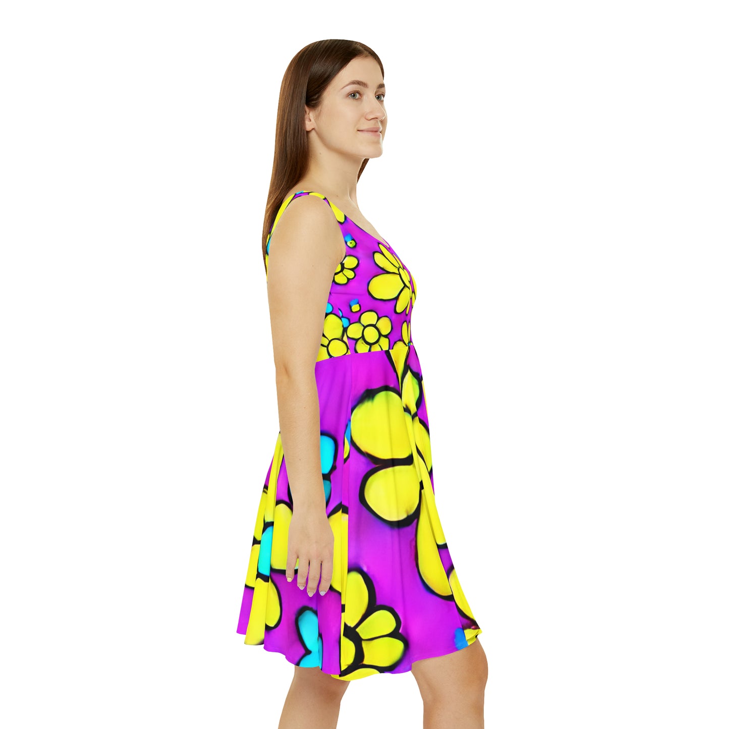 Women's Skater Dress (AOP)m Purple, Yellow, Retro, Flowers