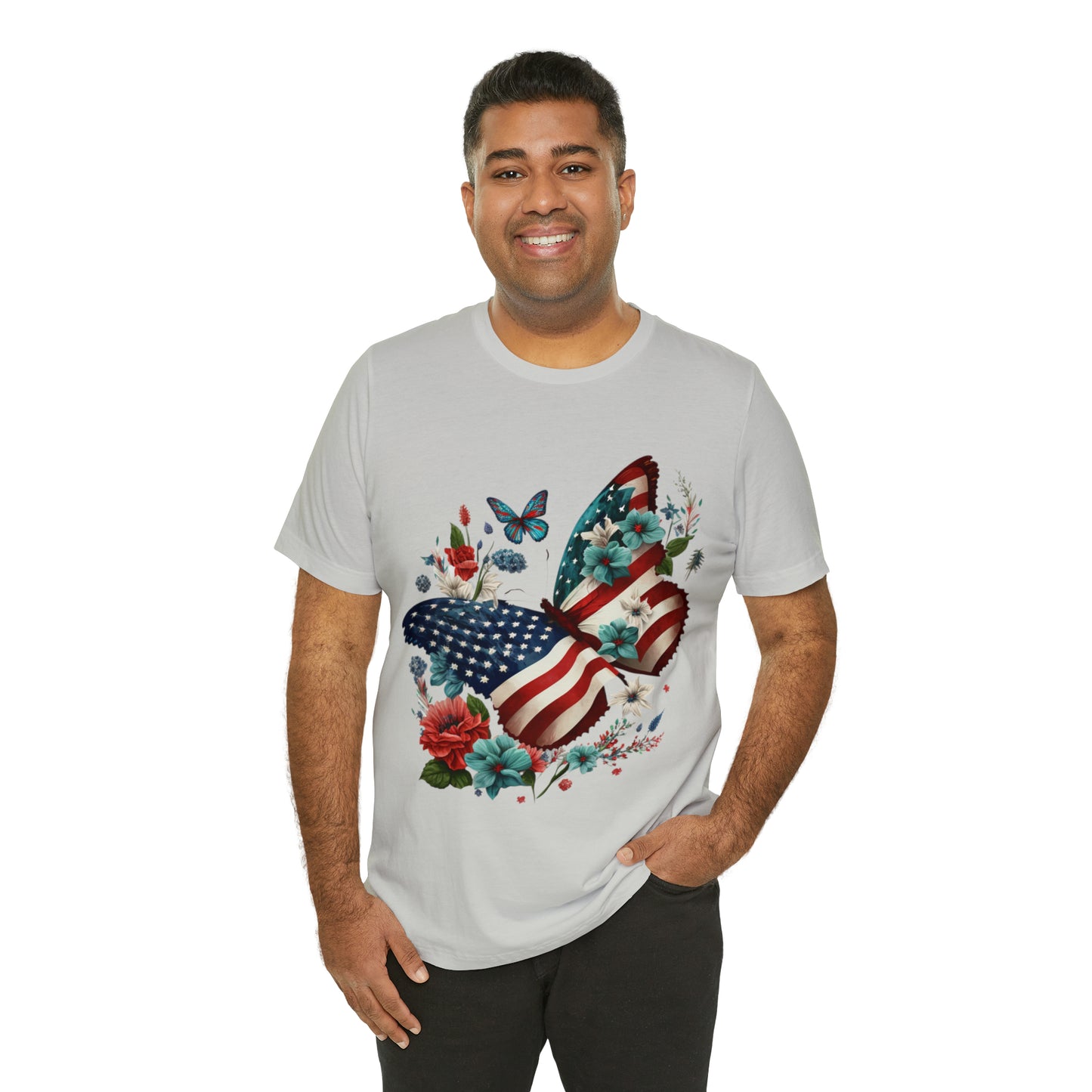 Unisex Jersey Short Sleeve Tee, American Flag, Butterfly, Patriotic