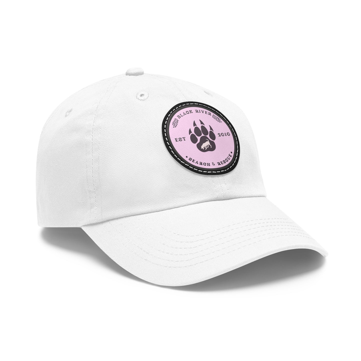 Copy of Unisex Hat with Leather Patch (Round), Black River Search & Rescue Logo, Pink patch