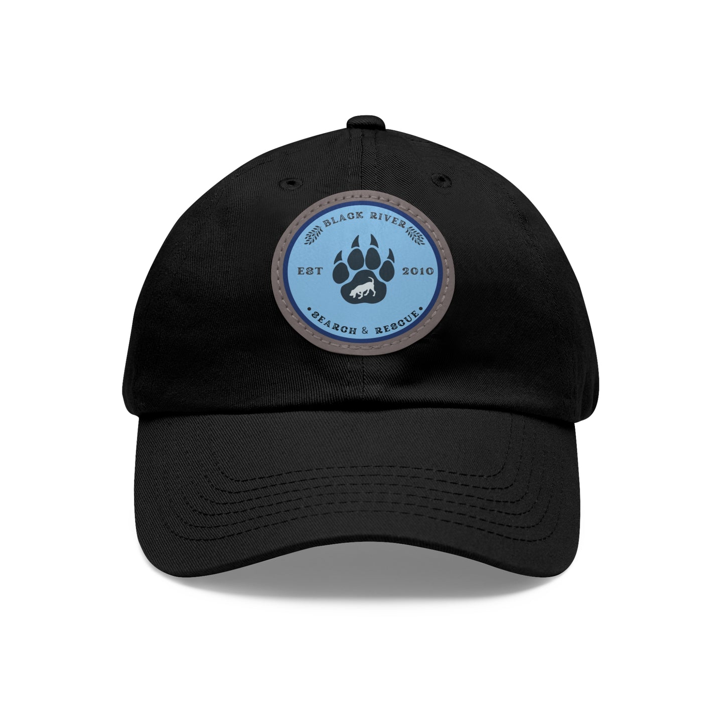 Unisex Hat with Leather Patch (Round), Black River Search & Rescue Logo, Blue patch