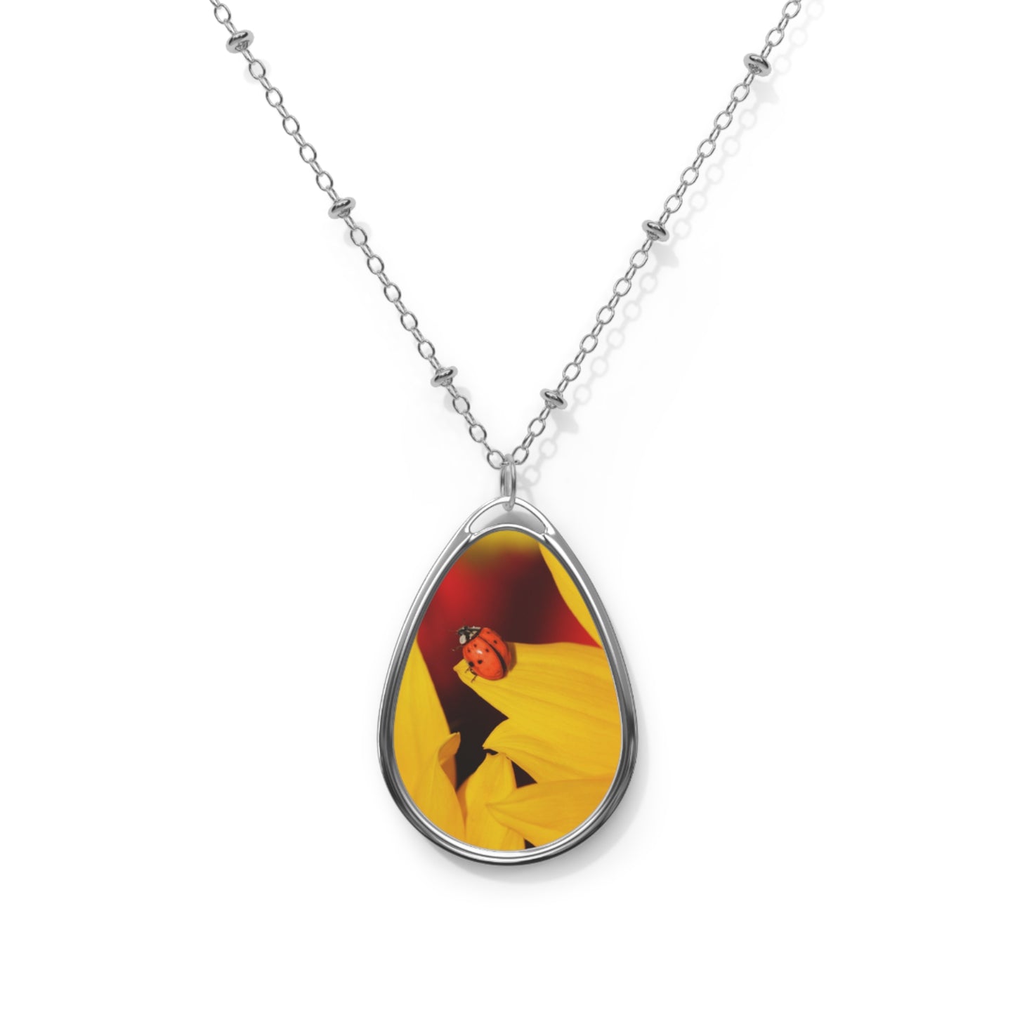Ladybug on Sunflower Oval Necklace