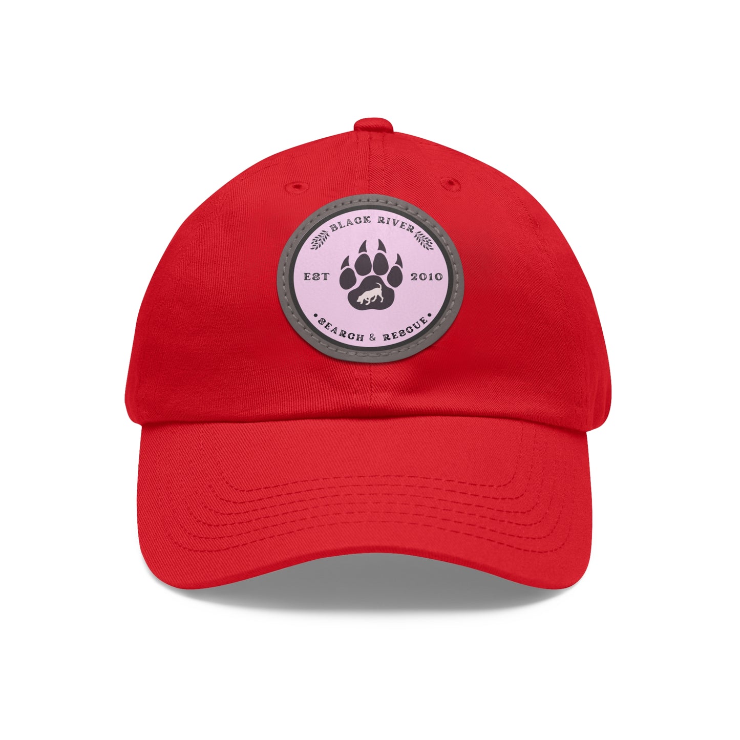 Copy of Unisex Hat with Leather Patch (Round), Black River Search & Rescue Logo, Pink patch