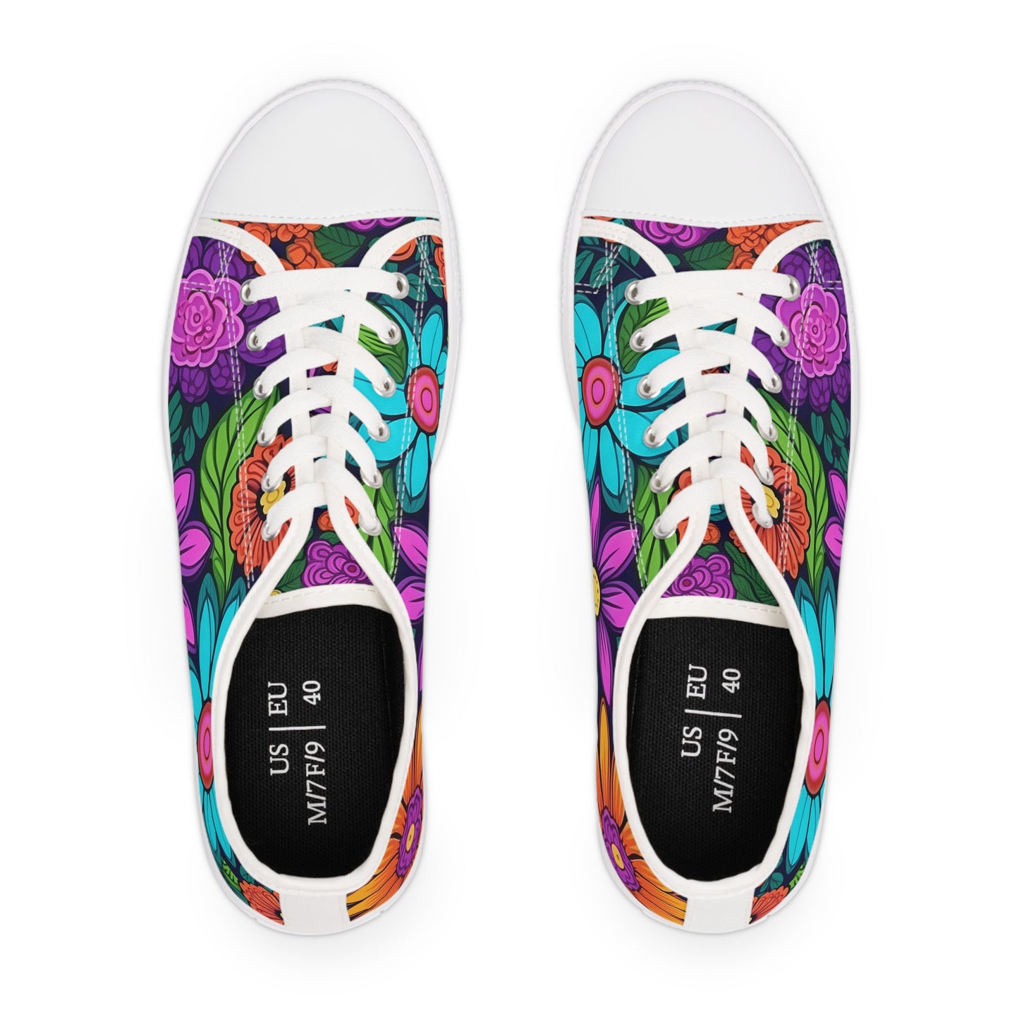 Women's Low Top Sneakers, Retro Flowers, Purple, Aqua, Multi-color floral