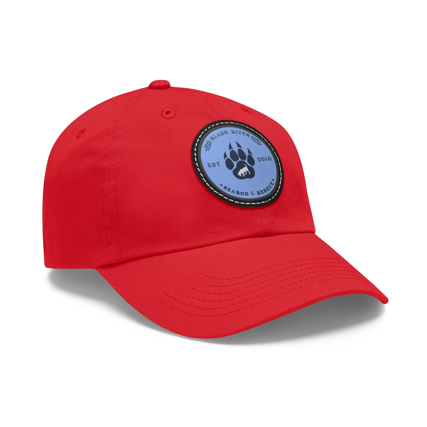 Copy of Unisex Hat with Leather Patch (Round), Black River Search & Rescue Logo, Vintage Blue patch