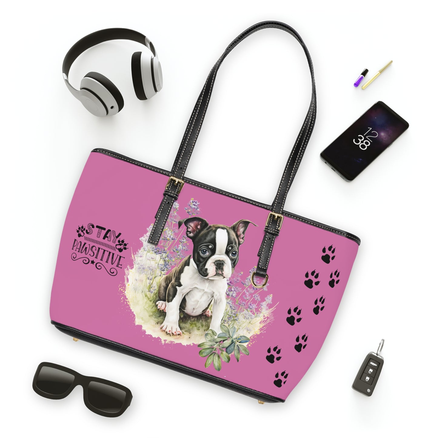 Boston Terrier Puppy Leather Shoulder Pink Bag two Boston Terrier puppies You Had Me at Woof Stay Pawsitive