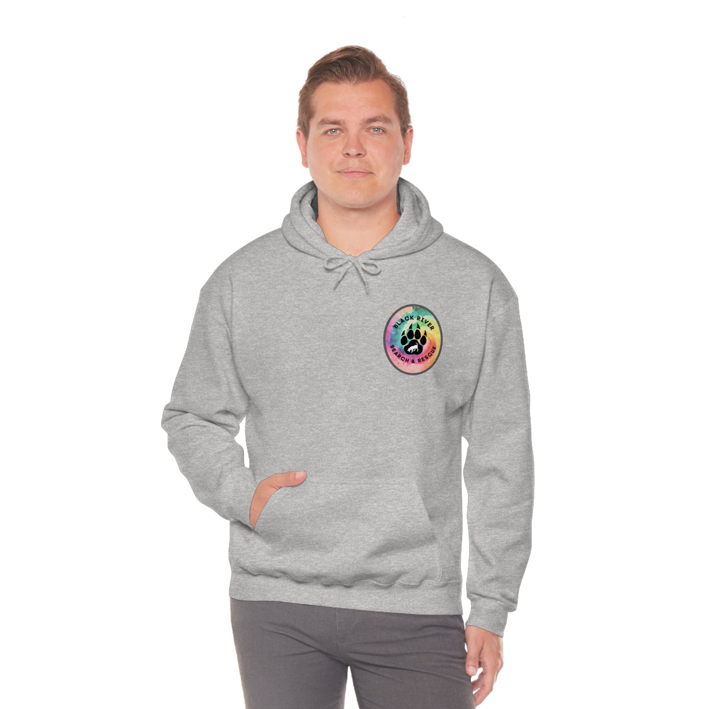 Tie Dye Black River Search & Rescue Logo with Lucy Unisex Heavy Blend™ Hooded Sweatshirt