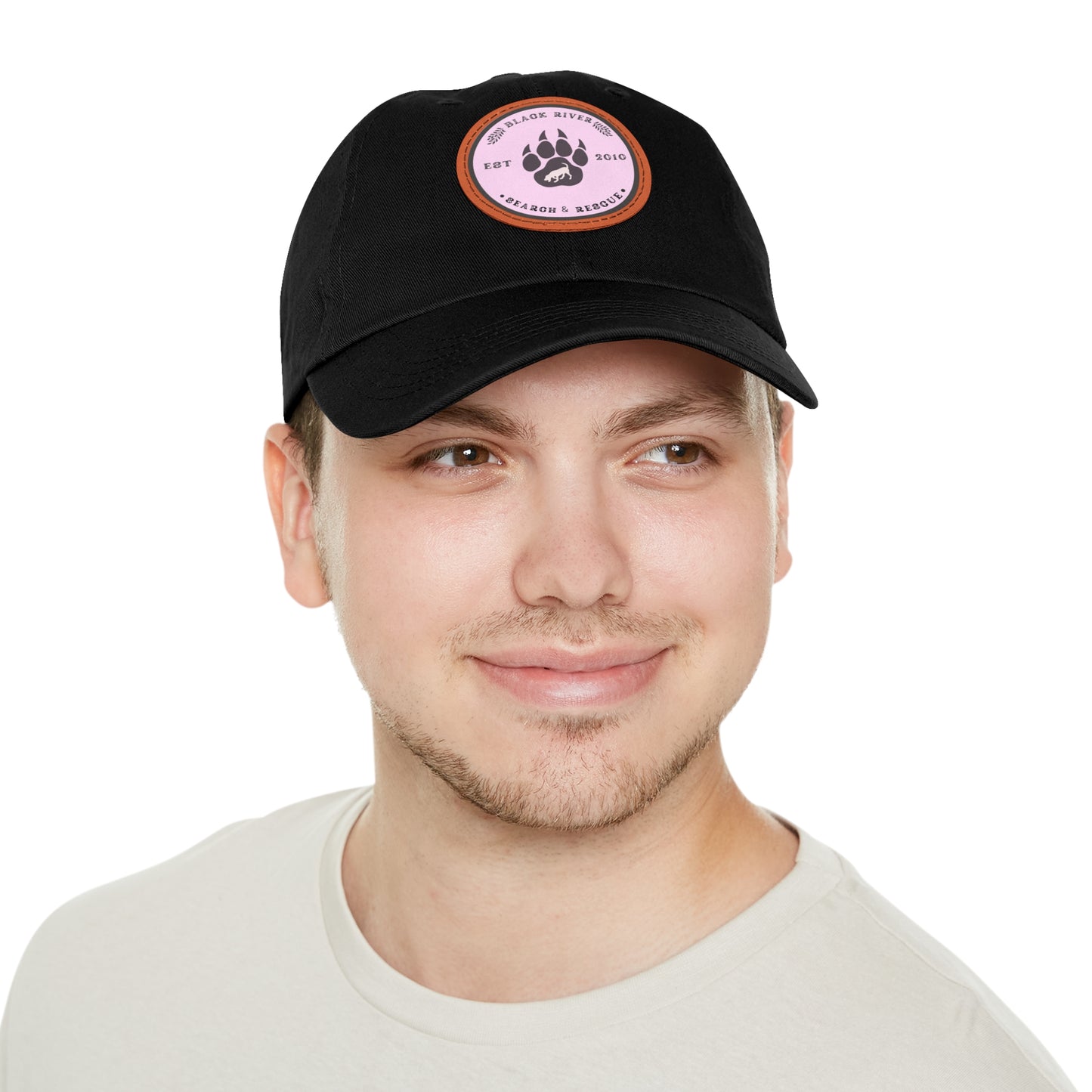 Copy of Unisex Hat with Leather Patch (Round), Black River Search & Rescue Logo, Pink patch