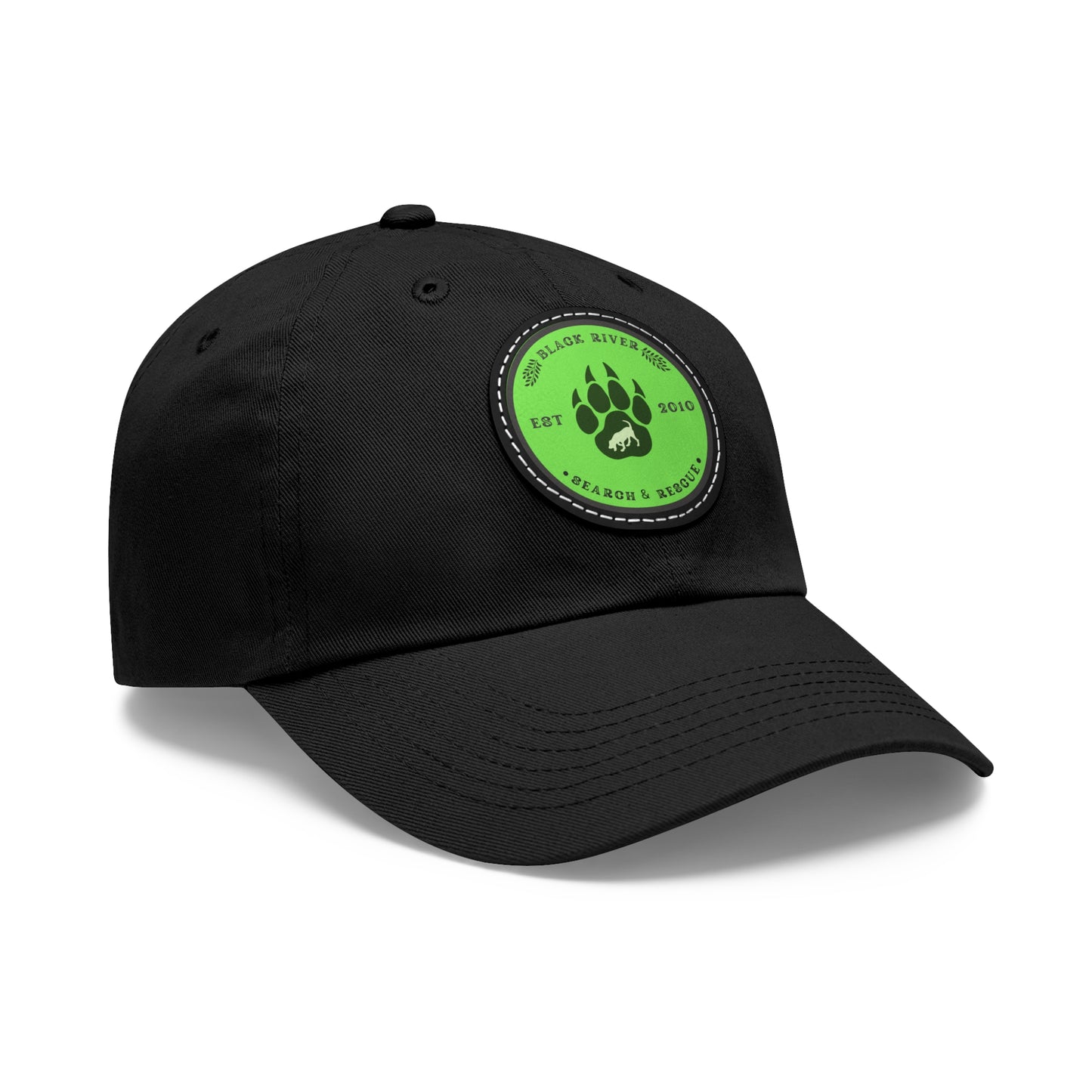 Unisex Hat with Leather Patch (Round), Black River Search & Rescue Logo, Lime Green patch